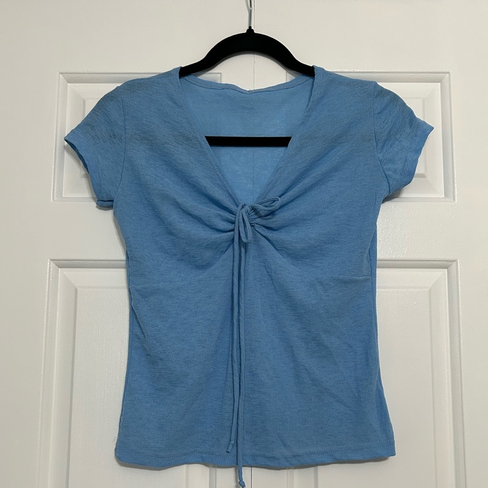 Vintage Late 90s/Y2K Blue Sheer Short Sleeve Top with Tie Front Ruching